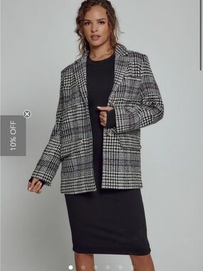 7Diamonds - Plaid Checked Wool-Blend Oversized Blazer Jacket - Black & White